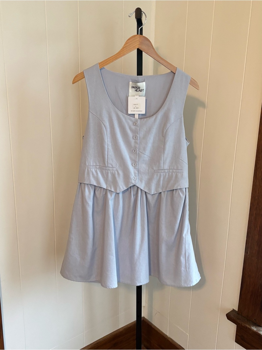 Paper Heart Blue Linen Blend Vest Mini Dress Skirt Sleeveless Womens L NWT